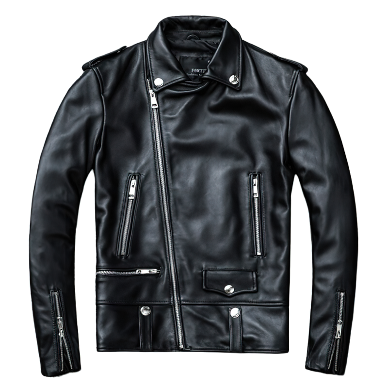 Black Men's Genuine Leather Jacket / Vintage Male Sheepskin Jackets With Pockets