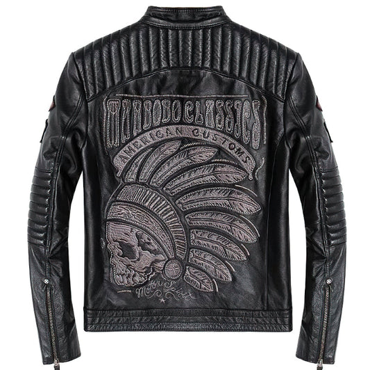 Black Men's Genuine Leather Motorcycle Jacket With Indian Skull Embroidery / Vintage Biker Clothing