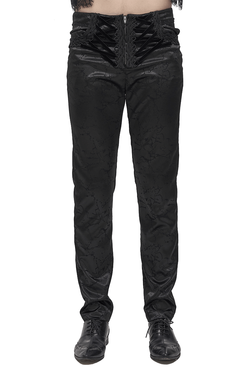 Black Men's Gothic Zipper Front Pants with Lace-Up And Lace / Vintage Long Straight Fit Trousers