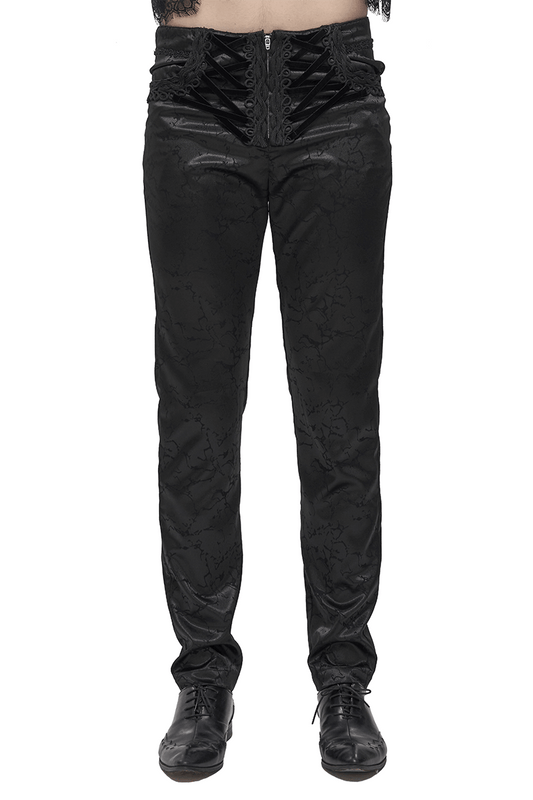 Black Men's Gothic Zipper Front Pants with Lace-Up And Lace / Vintage Long Straight Fit Trousers
