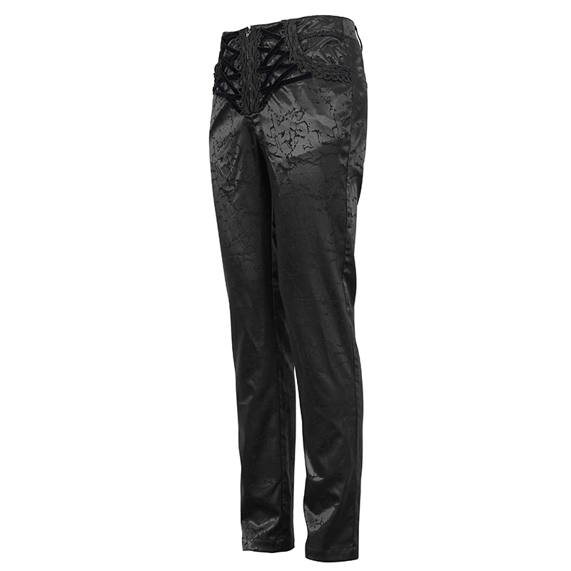 Black Men's Gothic Zipper Front Pants with Lace-Up And Lace / Vintage Long Straight Fit Trousers
