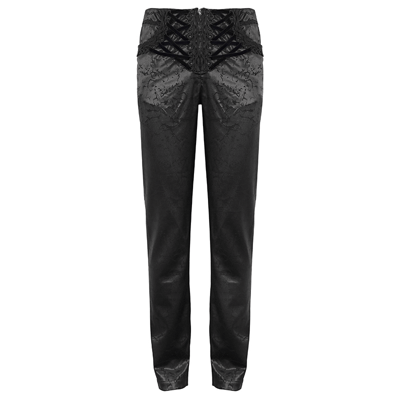 Black Men's Gothic Zipper Front Pants with Lace-Up And Lace / Vintage Long Straight Fit Trousers
