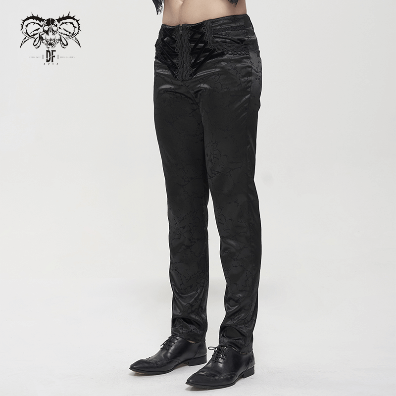 Black Men's Gothic Zipper Front Pants with Lace-Up And Lace / Vintage Long Straight Fit Trousers