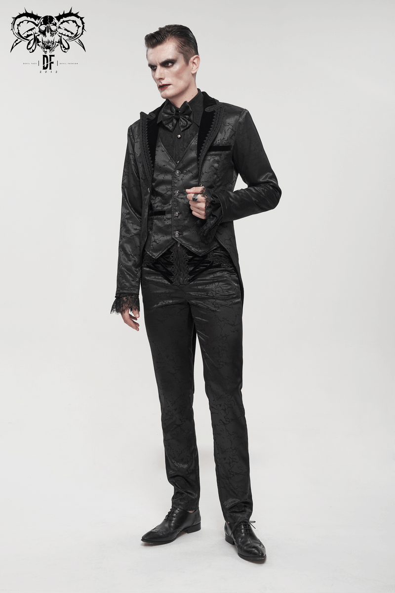 Black Men's Gothic Zipper Front Pants with Lace-Up And Lace / Vintage Long Straight Fit Trousers