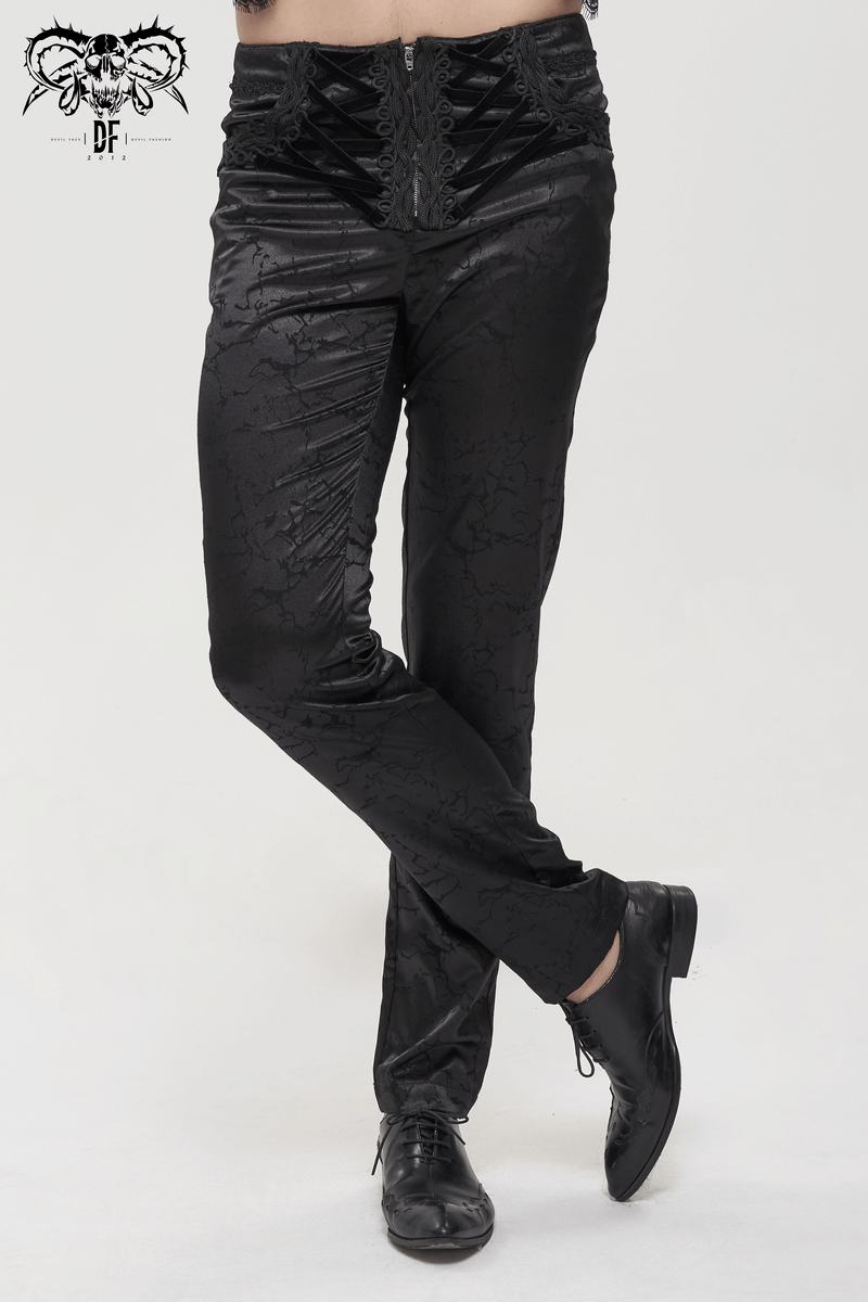 Black Men's Gothic Zipper Front Pants with Lace-Up And Lace / Vintage Long Straight Fit Trousers