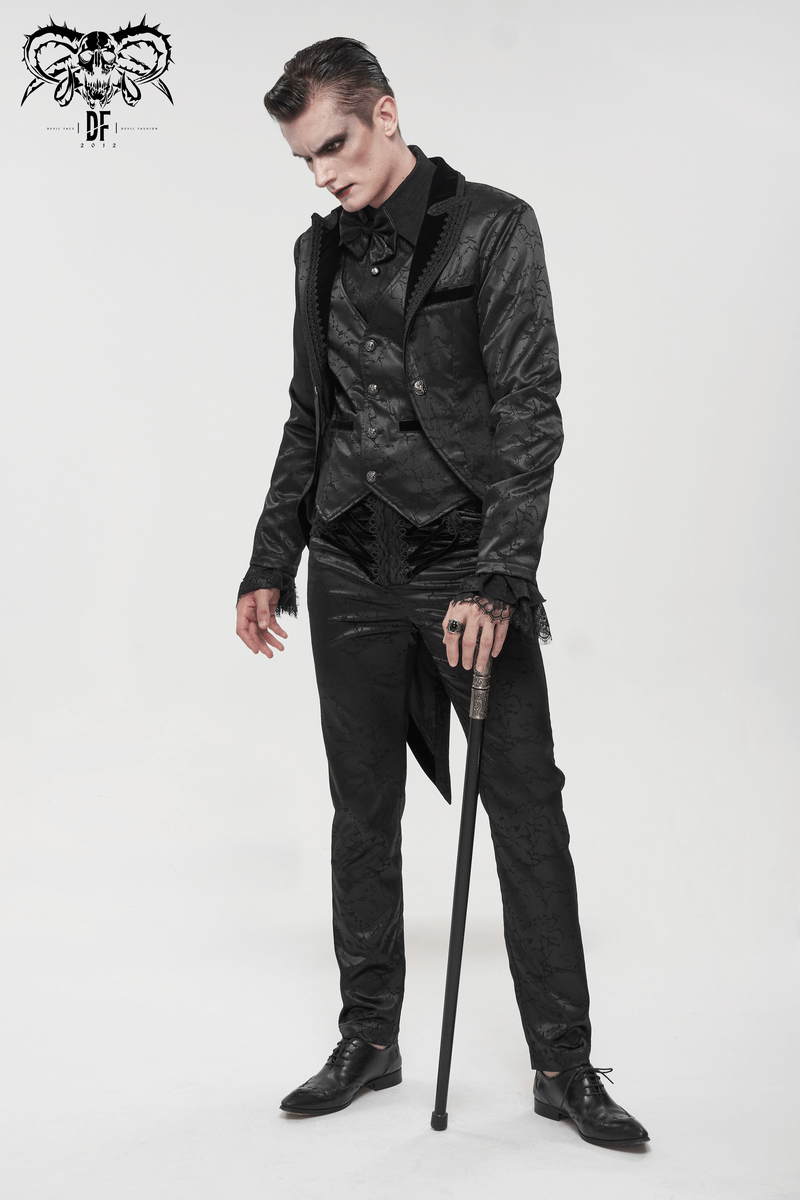 Black Men's Gothic Zipper Front Pants with Lace-Up And Lace / Vintage Long Straight Fit Trousers
