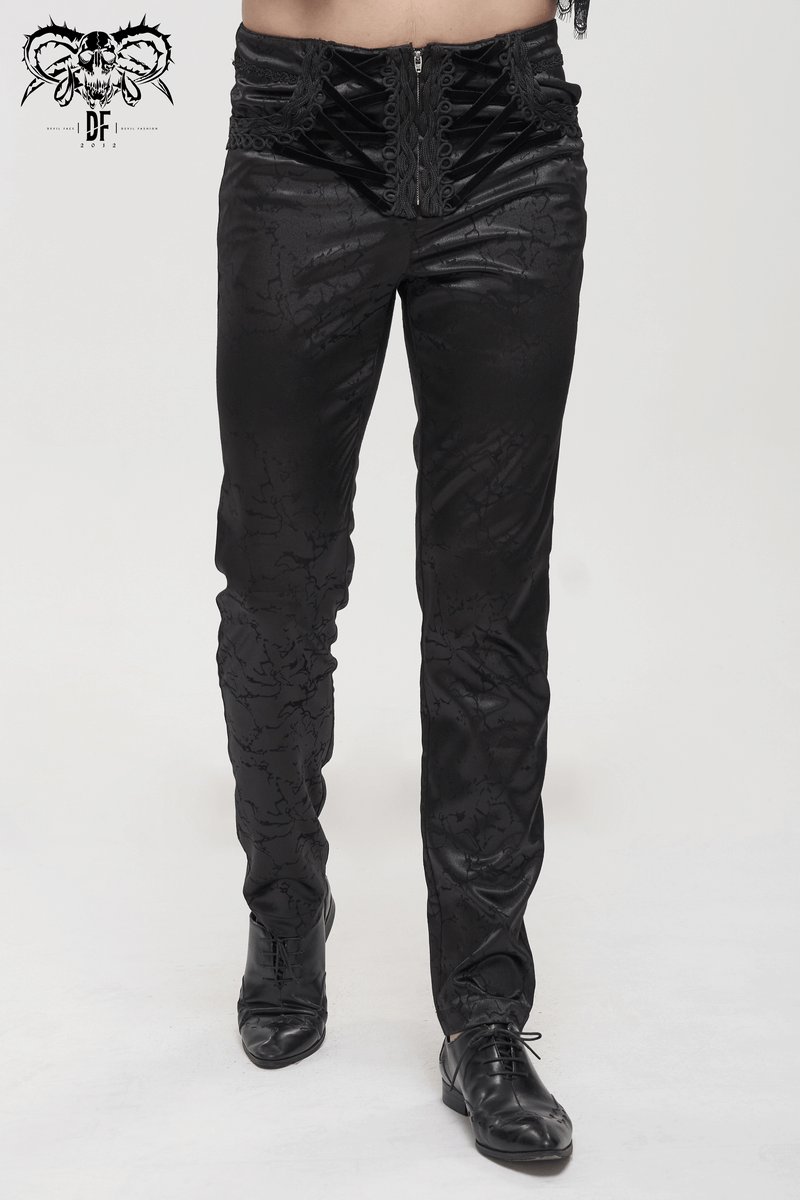 Black Men's Gothic Zipper Front Pants with Lace-Up And Lace / Vintage Long Straight Fit Trousers