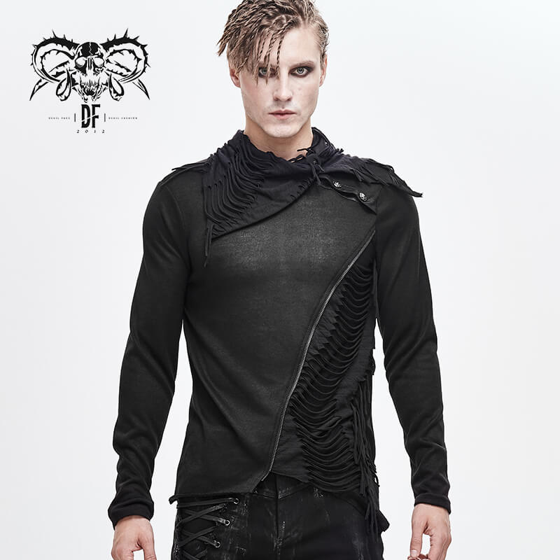 Black Men's Punk Gothic Fitted Soft Sweatshirt / Asymmetrical Top