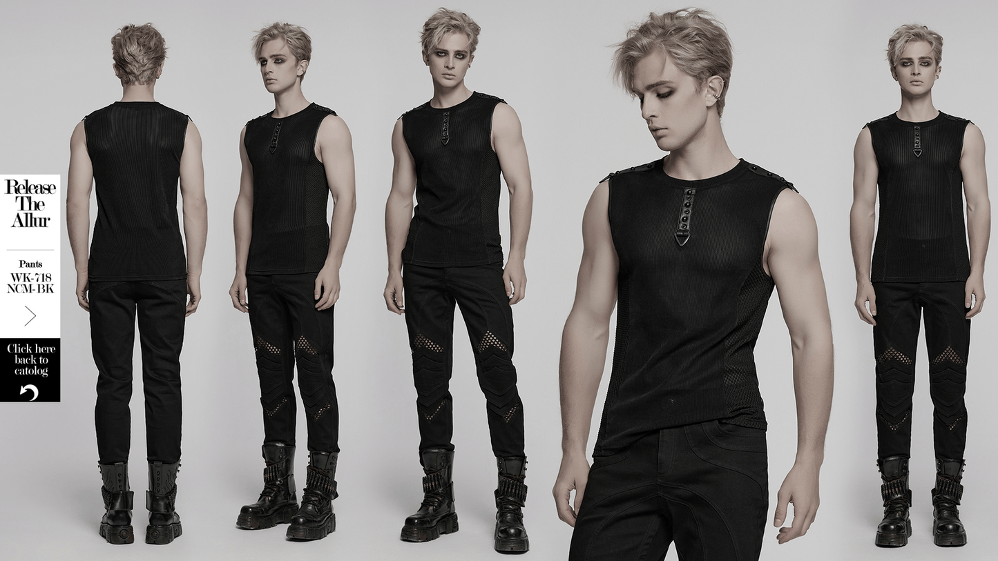 Black Mesh Cyberpunk Tank Top with Buckle Detail