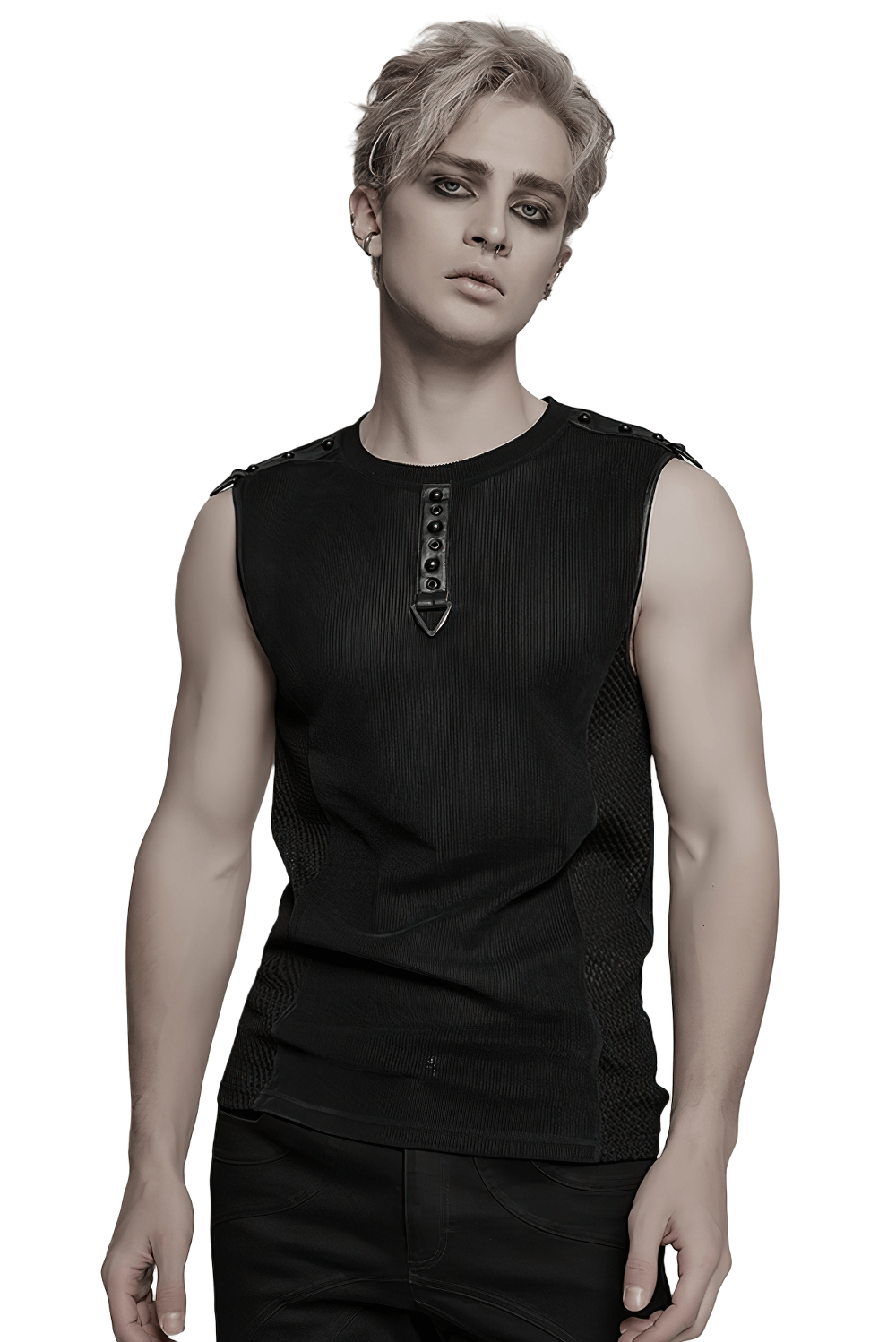 Black Mesh Cyberpunk Tank Top with Buckle Detail