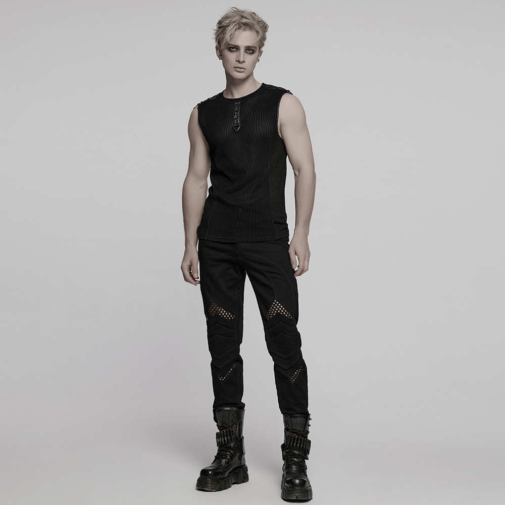 Black Mesh Cyberpunk Tank Top with Buckle Detail