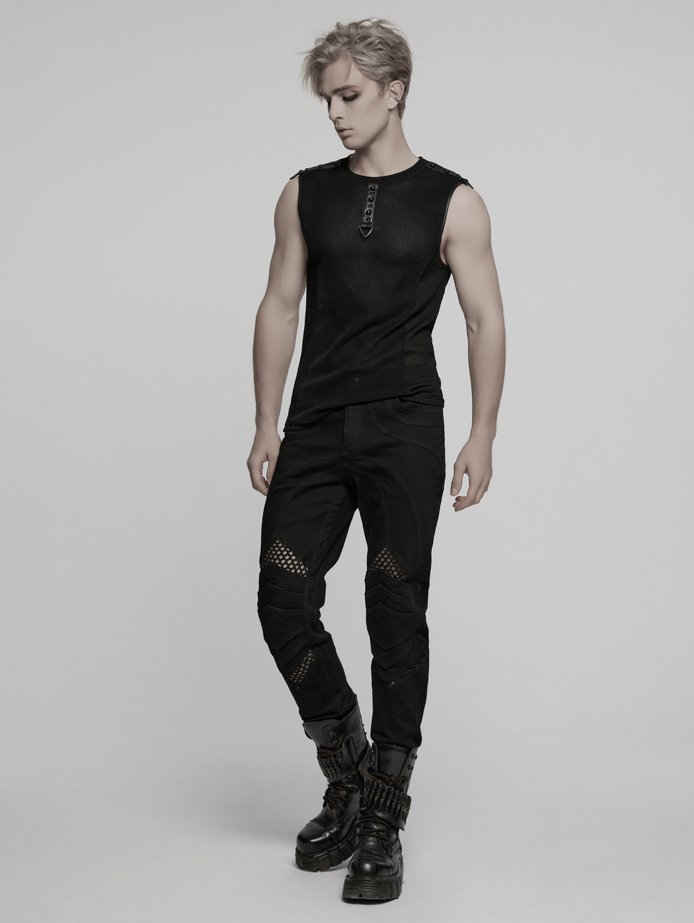 Black Mesh Cyberpunk Tank Top with Buckle Detail