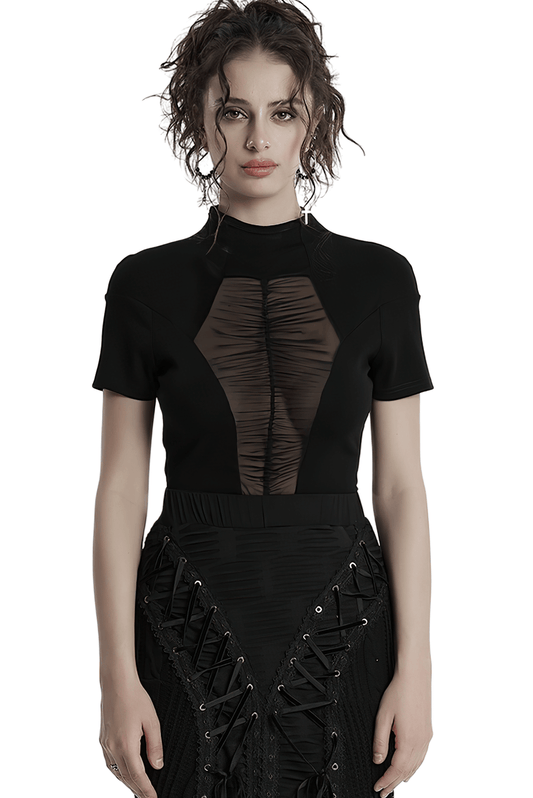 Black Mesh Panel T-shirt with Stand Collar and Gothic Style