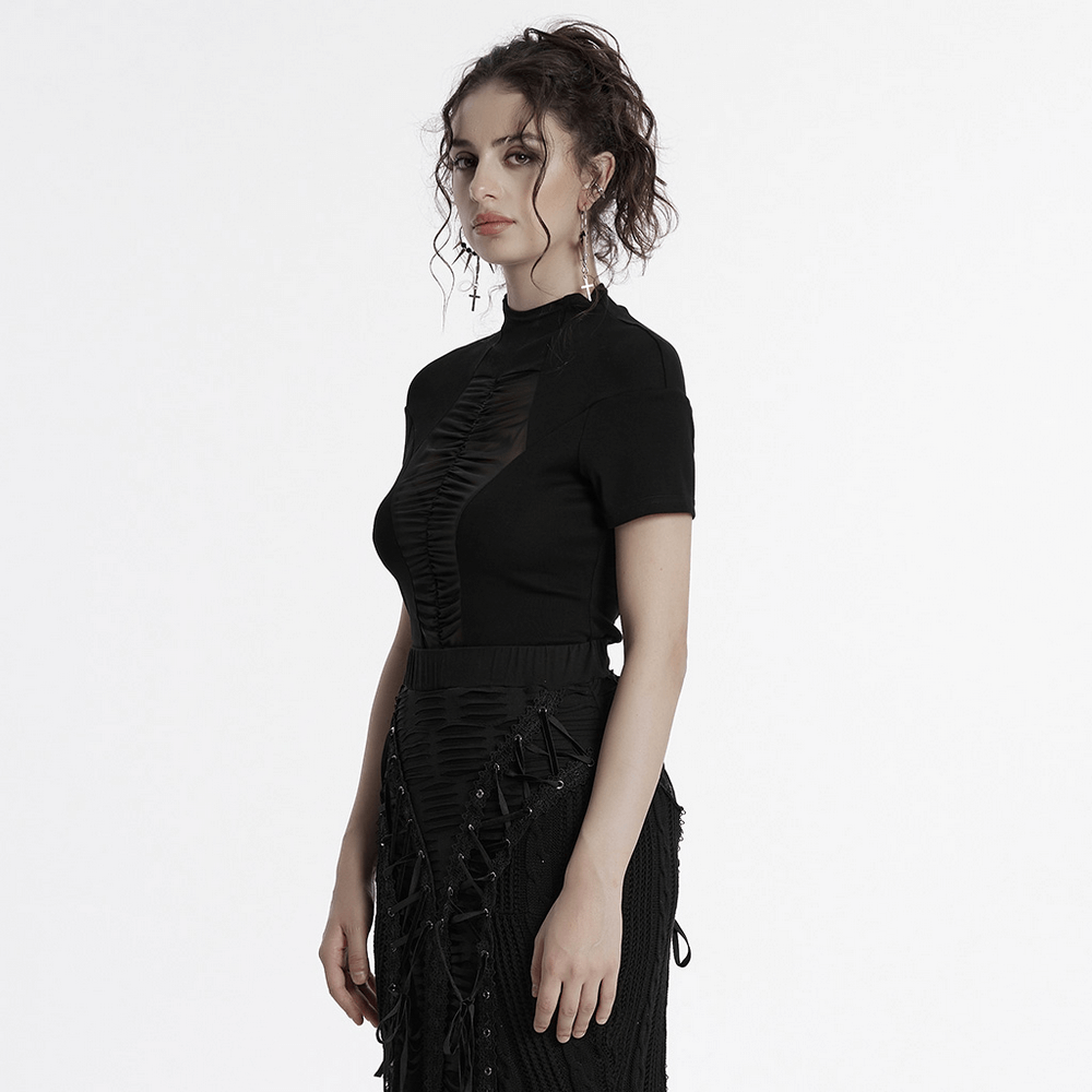 Black Mesh Panel T-shirt with Stand Collar and Gothic Style