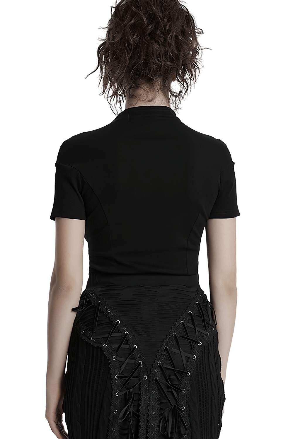 Black Mesh Panel T-shirt with Stand Collar and Gothic Style