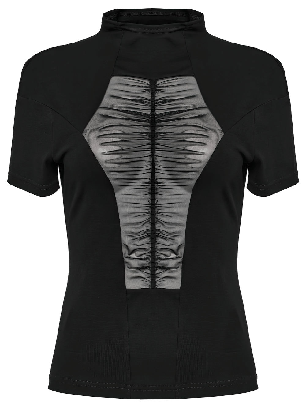 Black Mesh Panel T-shirt with Stand Collar and Gothic Style