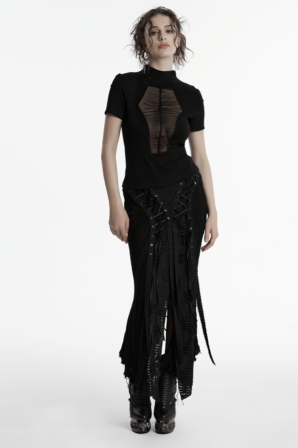 Black Mesh Panel T-shirt with Stand Collar and Gothic Style