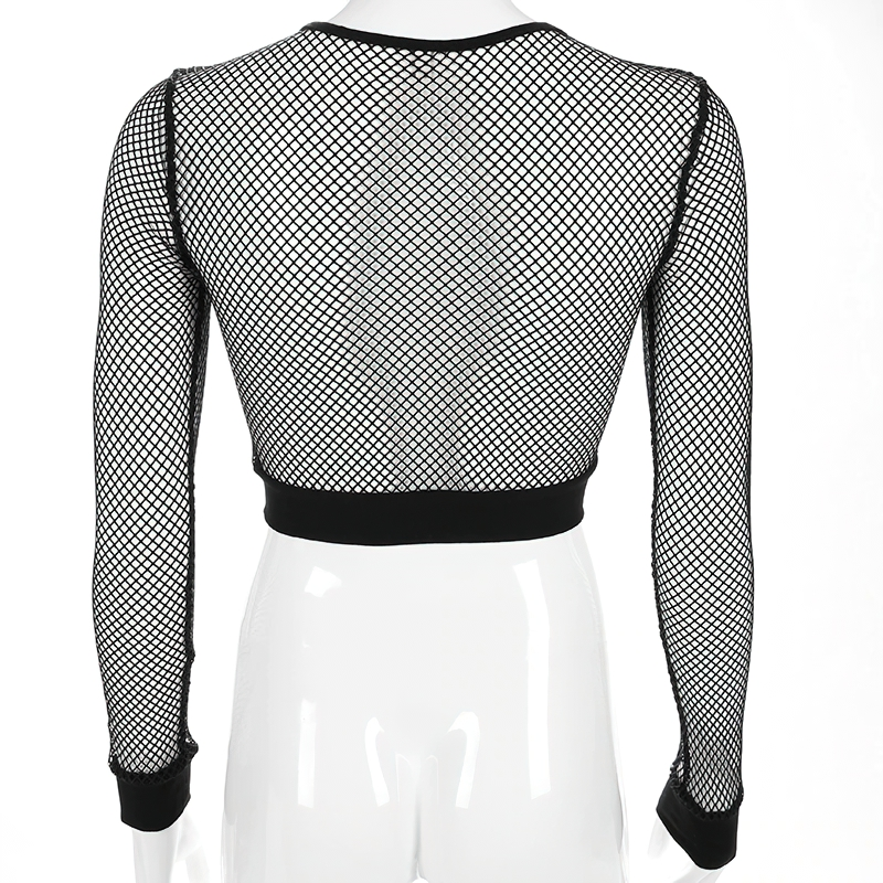 Black Mesh See Through Top With Long Sleeve For Women / Female Casual Cropped Clothing