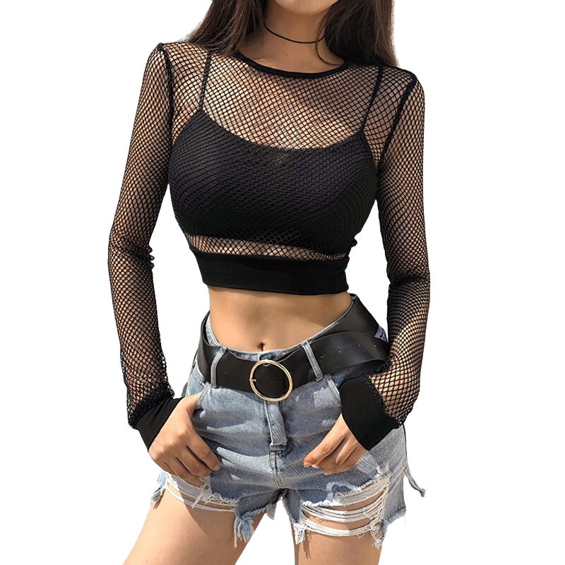 Black Mesh See Through Top With Long Sleeve For Women / Female Casual Cropped Clothing