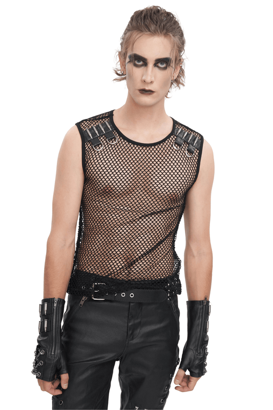 Black Mesh Tank Top with Spike Shoulder Straps