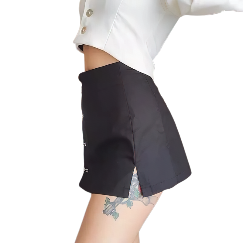 Black Mini Skirt With Pins / Vintage High Waist Female Skirt / Women's Elegant Fitted Skirt