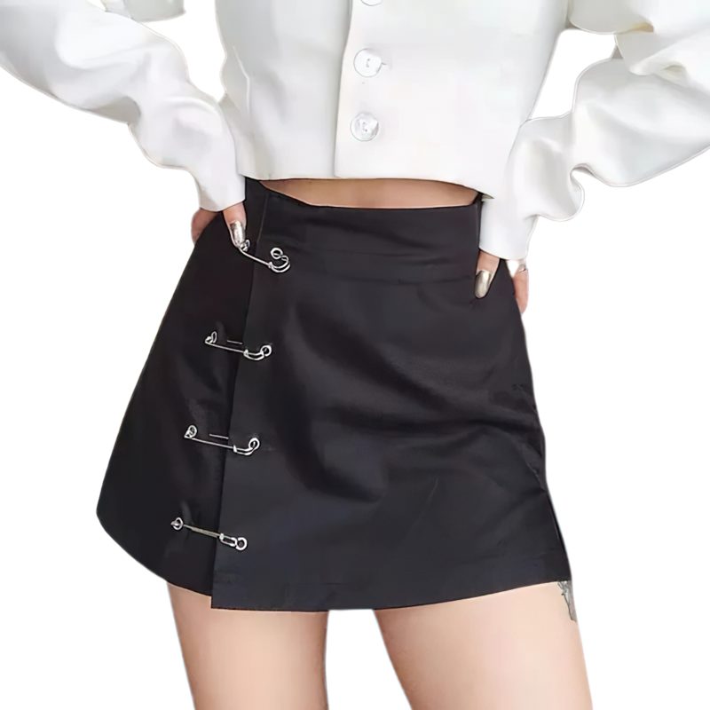 Black Mini Skirt With Pins / Vintage High Waist Female Skirt / Women's Elegant Fitted Skirt