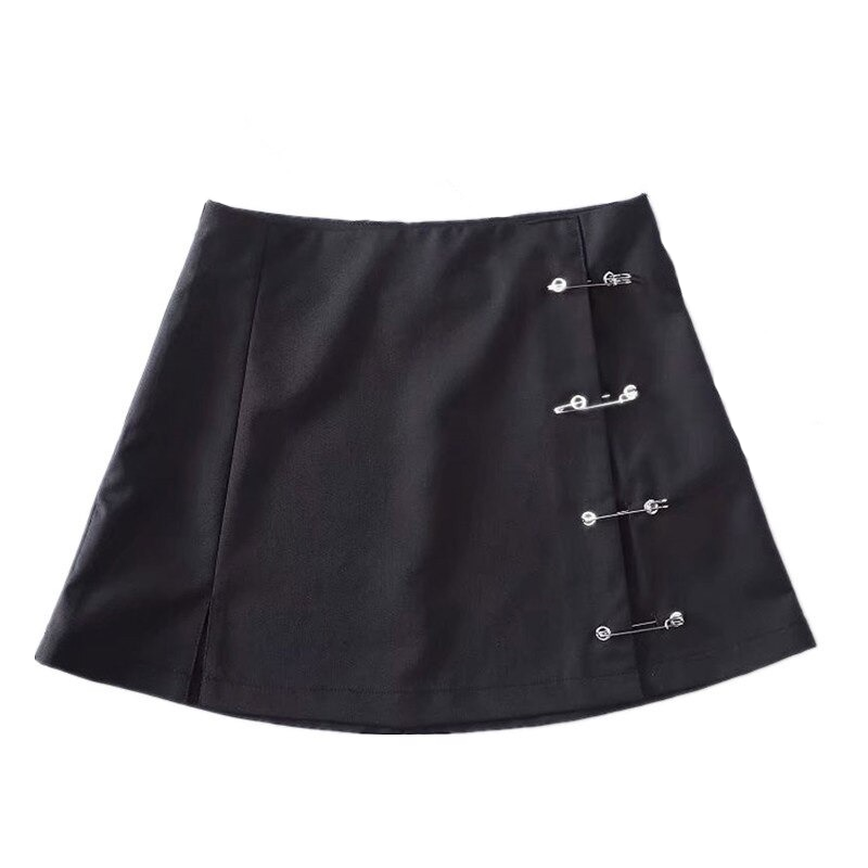 Black Mini Skirt With Pins / Vintage High Waist Female Skirt / Women's Elegant Fitted Skirt