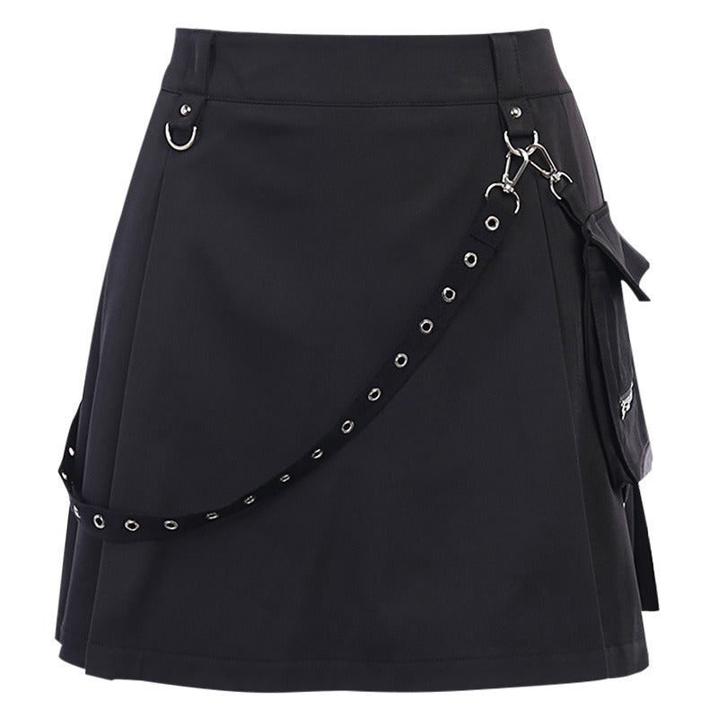 Black Mini Skirt With Strap And Pocket / Sexy High Waist Gothic Skirt / Summer Women's Streetwear