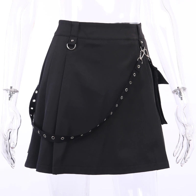 Black Mini Skirt With Strap And Pocket / Sexy High Waist Gothic Skirt / Summer Women's Streetwear