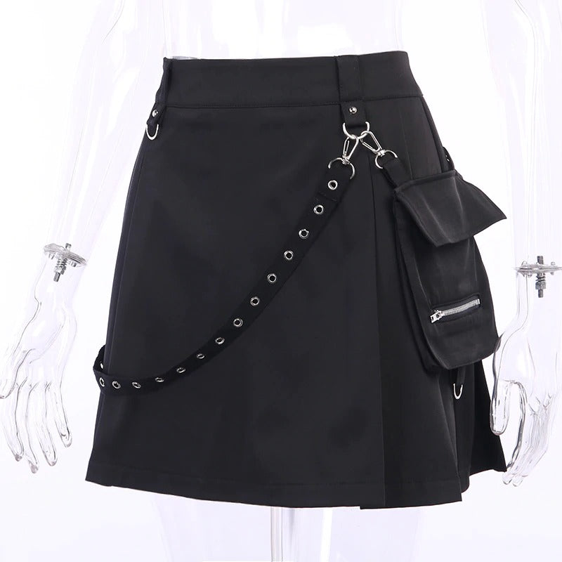 Black Mini Skirt With Strap And Pocket / Sexy High Waist Gothic Skirt / Summer Women's Streetwear