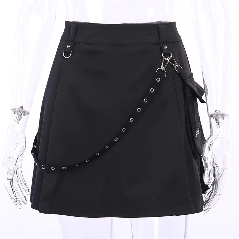 Black Mini Skirt With Strap And Pocket / Sexy High Waist Gothic Skirt / Summer Women's Streetwear