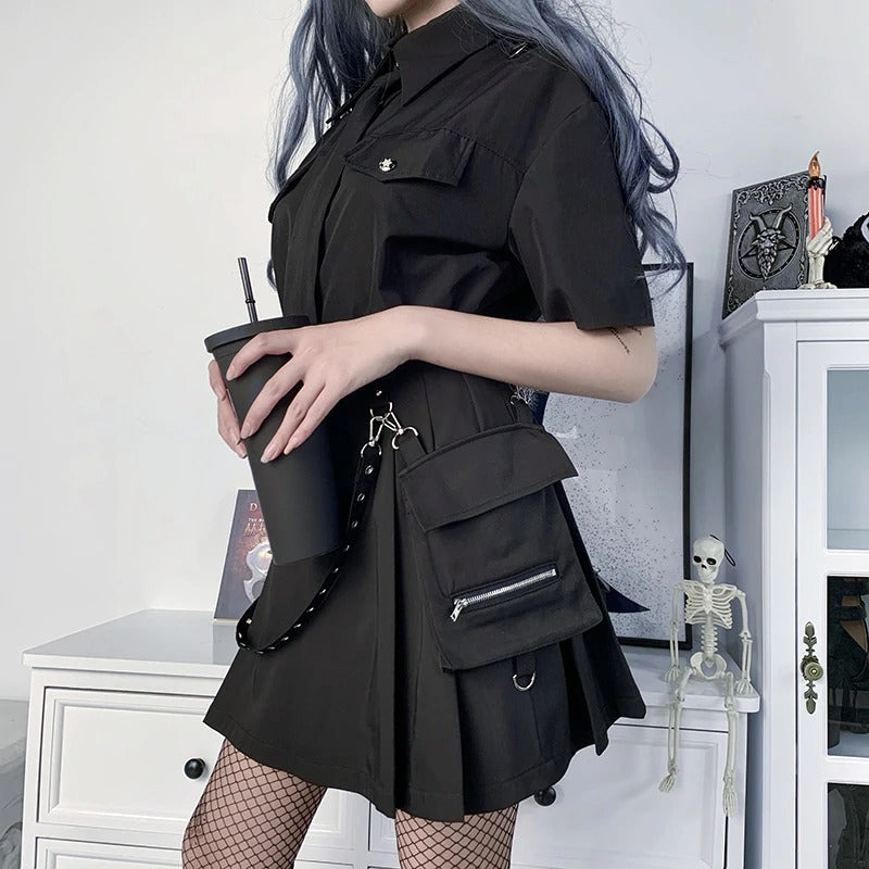 Black Mini Skirt With Strap And Pocket / Sexy High Waist Gothic Skirt / Summer Women's Streetwear