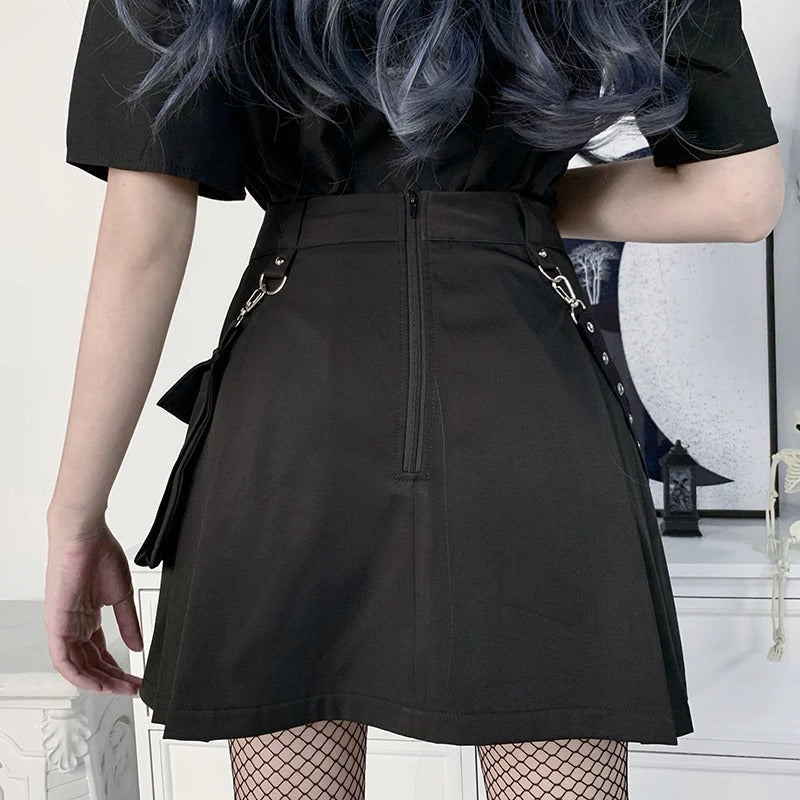 Black Mini Skirt With Strap And Pocket / Sexy High Waist Gothic Skirt / Summer Women's Streetwear