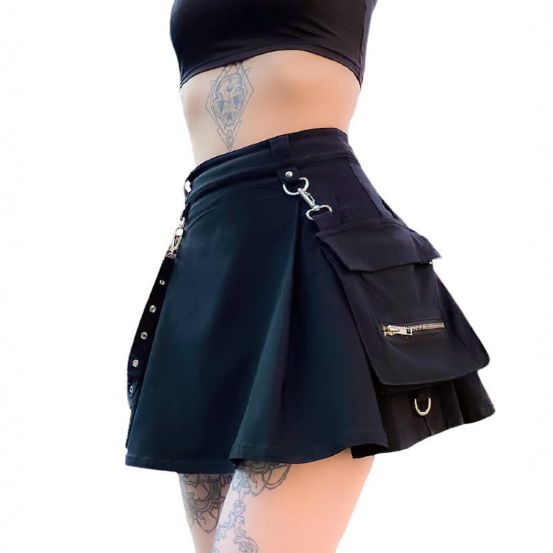 Black Mini Skirt With Strap And Pocket / Sexy High Waist Gothic Skirt / Summer Women's Streetwear