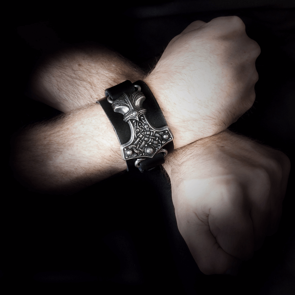 Black Norse Thor Hammer Wide Leather Bracelet