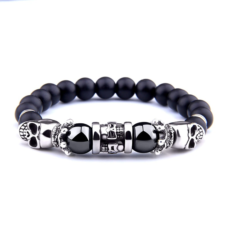 Black Onyx Stone Antique Skull Head Bracelet / Metal Bracelets of Beaded For Men and Women