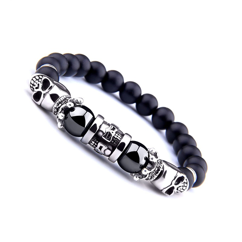 Black Onyx Stone Antique Skull Head Bracelet / Metal Bracelets of Beaded For Men and Women