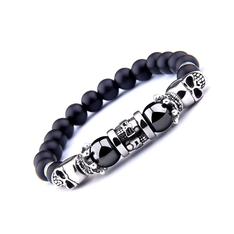 Black Onyx Stone Antique Skull Head Bracelet / Metal Bracelets of Beaded For Men and Women