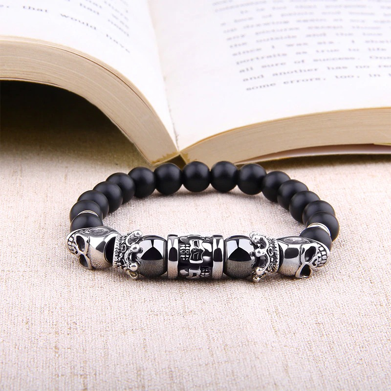 Black Onyx Stone Antique Skull Head Bracelet / Metal Bracelets of Beaded For Men and Women
