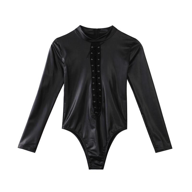 Black Patent Faux Leather Bodysuit / Women Sexy Black Jumpsuits in Gothic Style