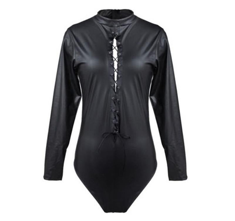 Black Patent Faux Leather Bodysuit / Women Sexy Black Jumpsuits in Gothic Style