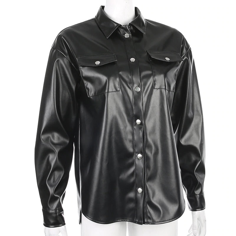 Black PU Leather Blouse Women Cardigan / Fashion Women's Shirt Top with Long Sleeves