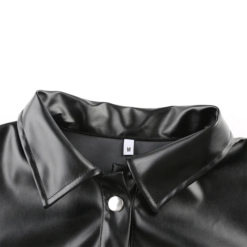 Black PU Leather Blouse Women Cardigan / Fashion Women's Shirt Top with Long Sleeves