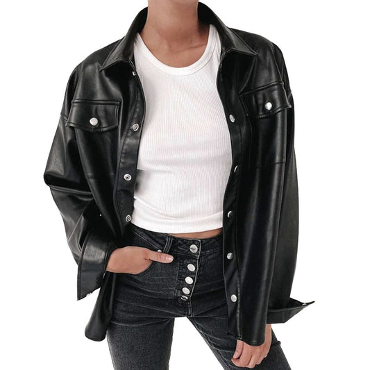 Black PU Leather Blouse Women Cardigan / Fashion Women's Shirt Top with Long Sleeves