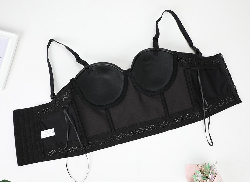 Black PU Leather Push Up Bra / Big Size Sexy Steampunk Corset Bra / Crop Tops Bras in ROCK Style