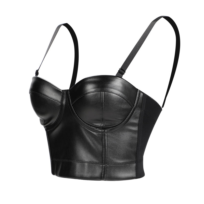 Black PU Leather Push Up Bra / Big Size Sexy Steampunk Corset Bra / Crop Tops Bras in ROCK Style