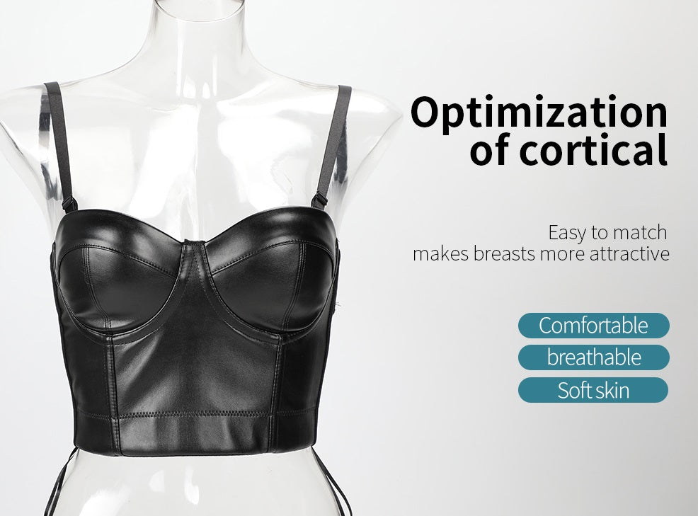 Black PU Leather Push Up Bra / Big Size Sexy Steampunk Corset Bra / Crop Tops Bras in ROCK Style