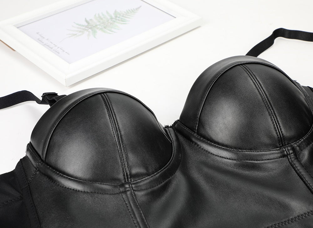 Black PU Leather Push Up Bra / Big Size Sexy Steampunk Corset Bra / Crop Tops Bras in ROCK Style