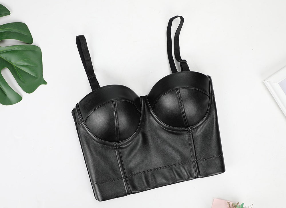 Black PU Leather Push Up Bra / Big Size Sexy Steampunk Corset Bra / Crop Tops Bras in ROCK Style