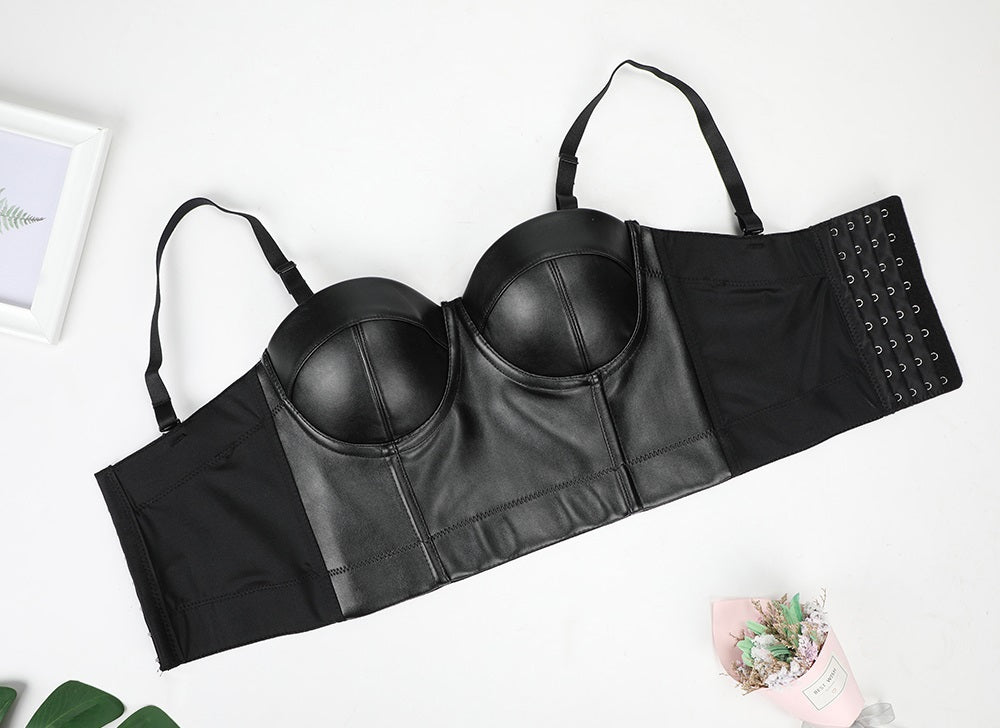 Black PU Leather Push Up Bra / Big Size Sexy Steampunk Corset Bra / Crop Tops Bras in ROCK Style